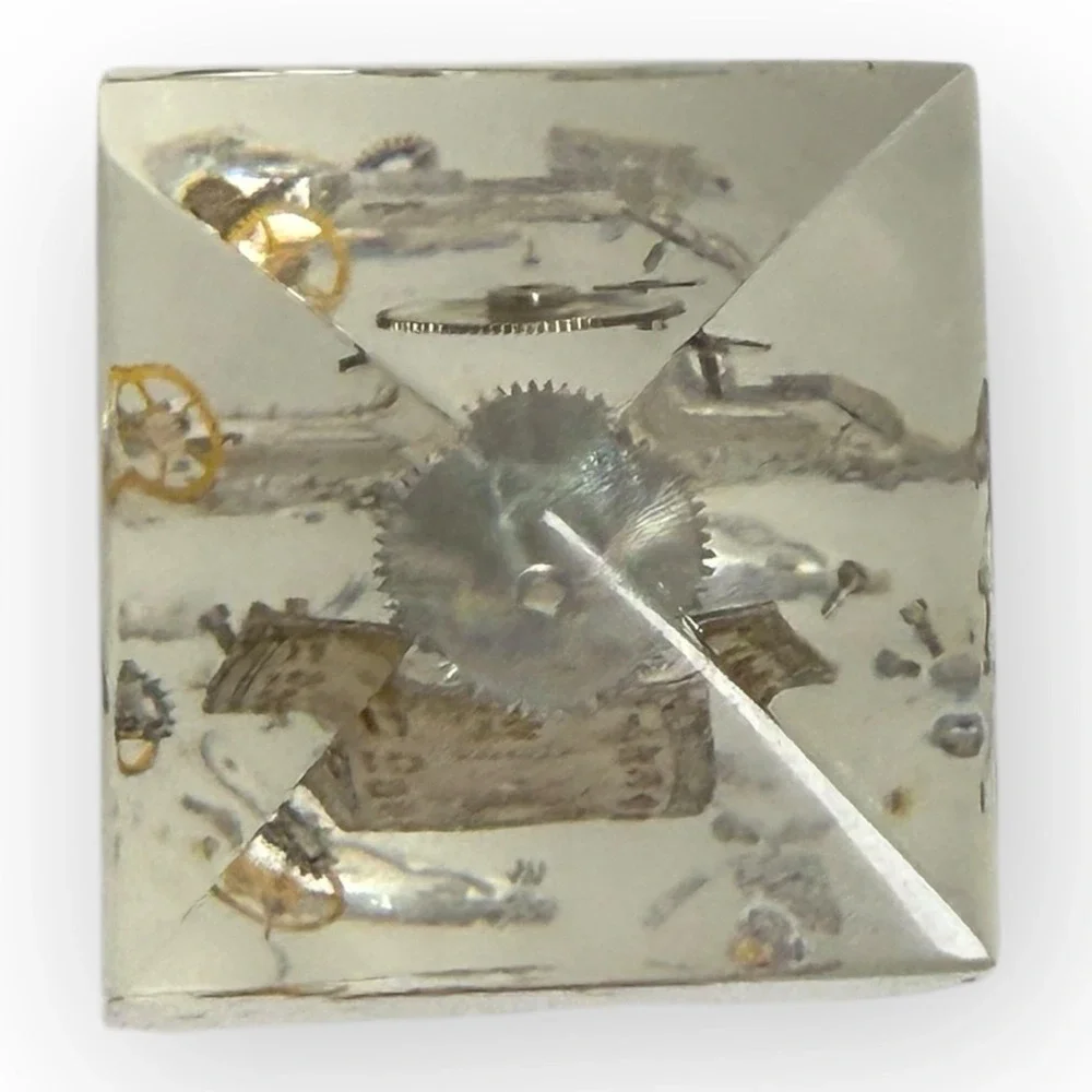 VTG Lucite Exploded Clock Paperweight Pierre Giraudon Style Watch Parts Art MCM